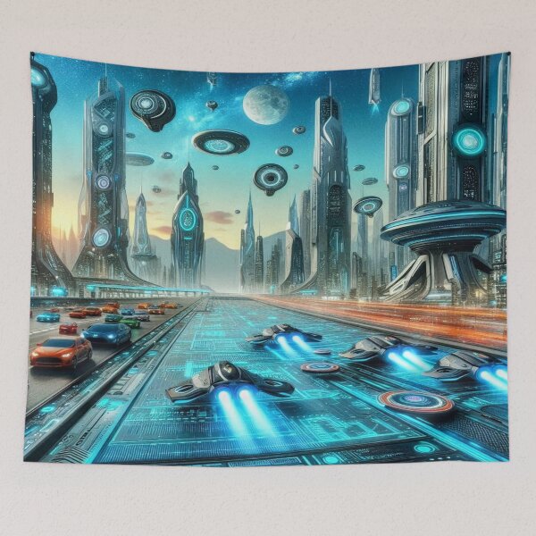 Item preview, Futuristic Neon City with Hovercars, Flying Crafts and High‑Tech Skyline designed and sold by FotoworldEdel.