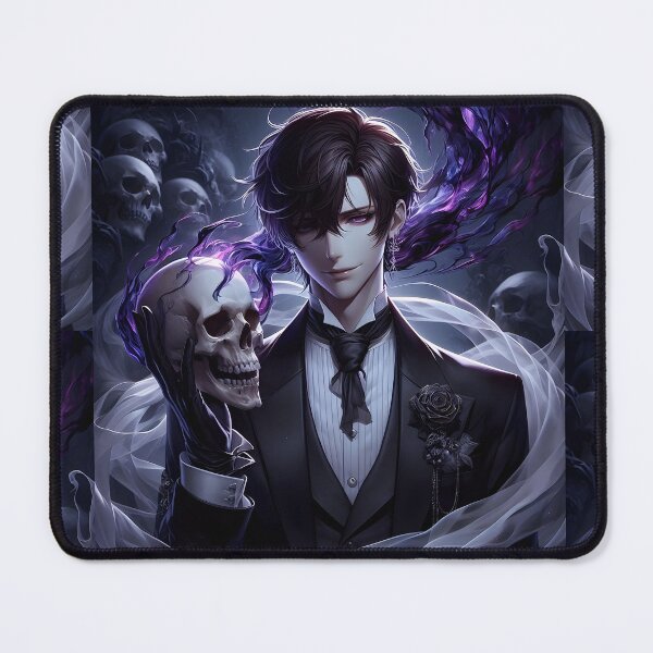 Item preview, The Elegant Necromancer: Gothic Anime Villain in a Black Suit Holding a Magic Skull designed and sold by MouradStudio.
