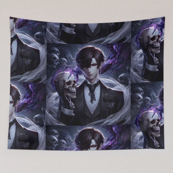Item preview, The Elegant Necromancer: Gothic Anime Villain in a Black Suit Holding a Magic Skull designed and sold by MouradStudio.