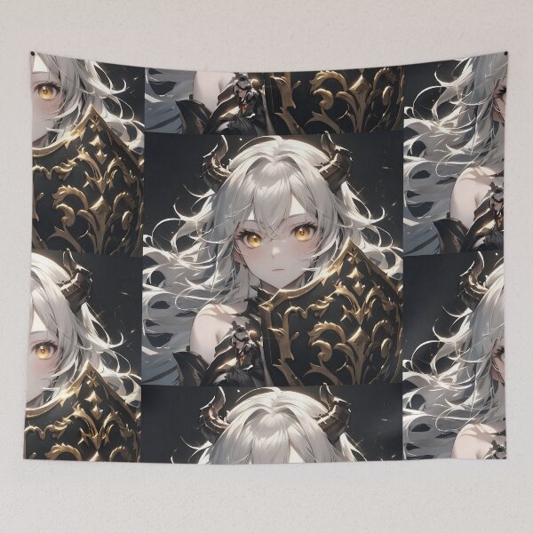 Item preview, Unyielding Guardian: Anime Horned Demon Girl with Majestic Black and Gold Shield designed and sold by MouradStudio.