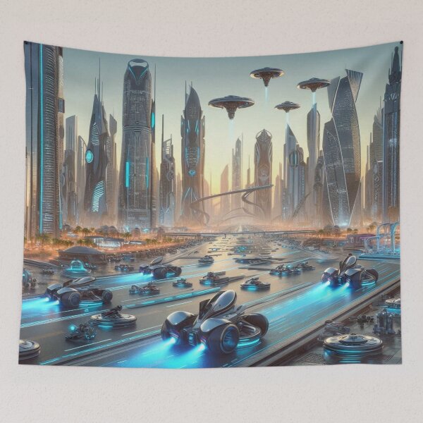 Item preview, Futuristic Neon City with Hovercars, Flying Crafts and High‑Tech Architecture designed and sold by FotoworldEdel.