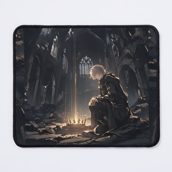 Item preview, The Fallen Heir: Silver-Haired Anime Prince Kneeling Before a Glowing Crown in a Ruined Gothic Cathedral designed and sold by MouradStudio.