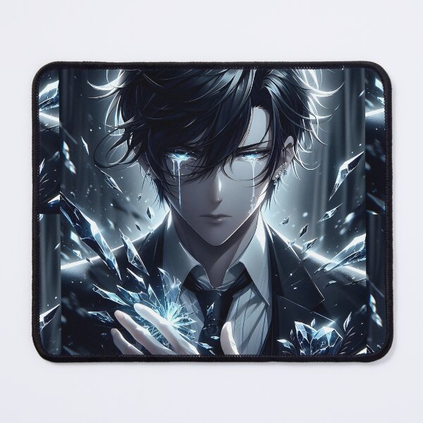Item preview, The Shattered Soul: Handsome Anime Boy in a Suit Crying Glowing Blue Tears Amidst Broken Glass designed and sold by MouradStudio.