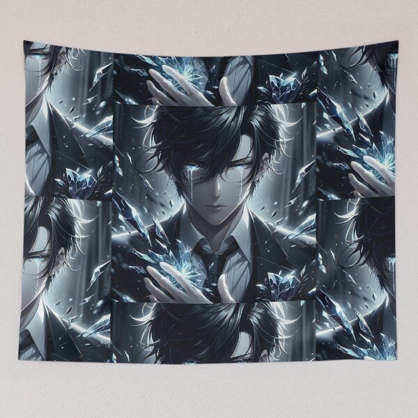 Item preview, The Shattered Soul: Handsome Anime Boy in a Suit Crying Glowing Blue Tears Amidst Broken Glass designed and sold by MouradStudio.