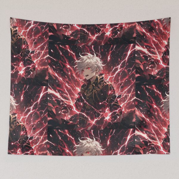 Item preview, Crimson Static Unleashed: Intense Anime Boy with White Hair and Red Eyes Calling Forth Red Lightning Power designed and sold by MouradStudio.