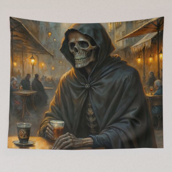 Item preview, Grim Reaper Having a Drink at Cafe designed and sold by DarkHolyQueen.