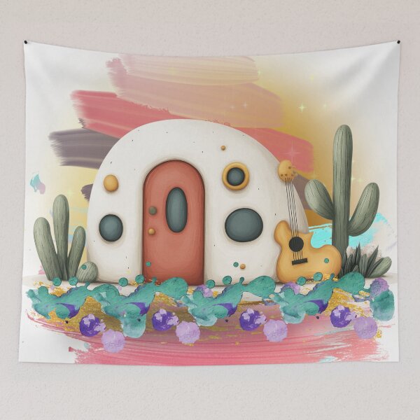 Item preview, Cute Desert House with Guitar – Whimsical Cactus Landscape, Dreamy Boho Aesthetic Art, Cozy Fantasy Illustration designed and sold by ChenEngEng.