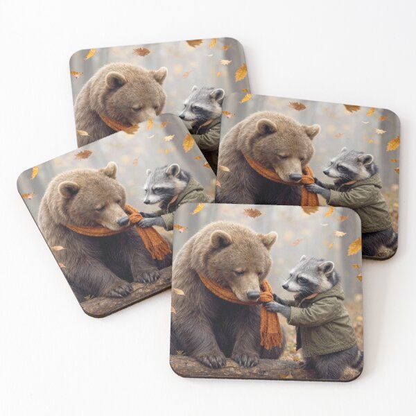 Item preview, Raccoon Putting a Knitted Scarf on a Bear designed and sold by Maria Dryfhout.