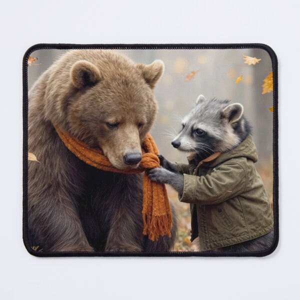 Item preview, Raccoon Putting a Knitted Scarf on a Bear designed and sold by Maria Dryfhout.