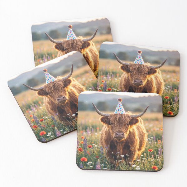 Item preview, Highland Cow with a Birthday Party Hat designed and sold by Maria Dryfhout.