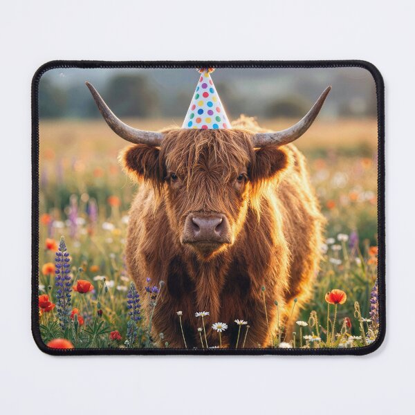 Item preview, Highland Cow with a Birthday Party Hat designed and sold by Maria Dryfhout.