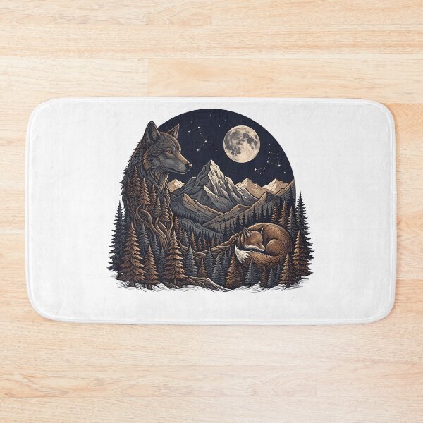 Item preview, Celestial Wolf & Fox Spirits - Moonlight Mountain Wilderness Art designed and sold by Morden-Design.