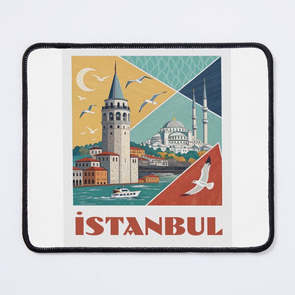 Item preview, Istanbul Retro Travel Poster - Galata Tower and Blue Mosque Geometric Art designed and sold by asliberry.