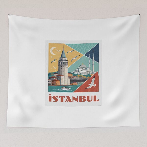 Item preview, Istanbul Retro Travel Poster - Galata Tower and Blue Mosque Geometric Art designed and sold by asliberry.