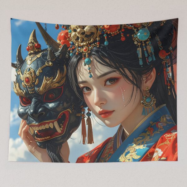 Item preview, Oni Mask Japanese Woman — Dark Aesthetic Portrait designed and sold by Schoenenwald - Illustrations Uniques et Originales.