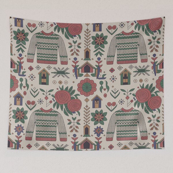 Item preview, Cozy Scandinavian Folk Sweater Seamless Pattern – Knitwear, Birdhouses & Rosemaling Flowers designed and sold by Midnight Veil Designs.