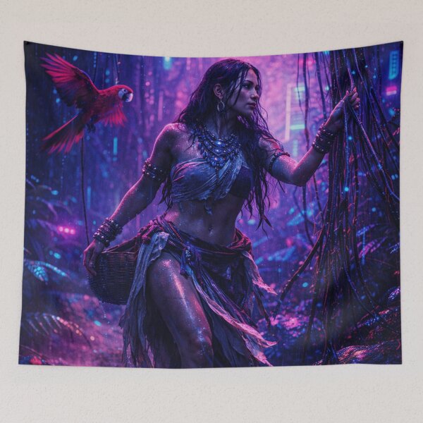 Item preview, Neon Cyberpunk Jungle Warrior Woman Fantasy Art Print designed and sold by INFINISHE.
