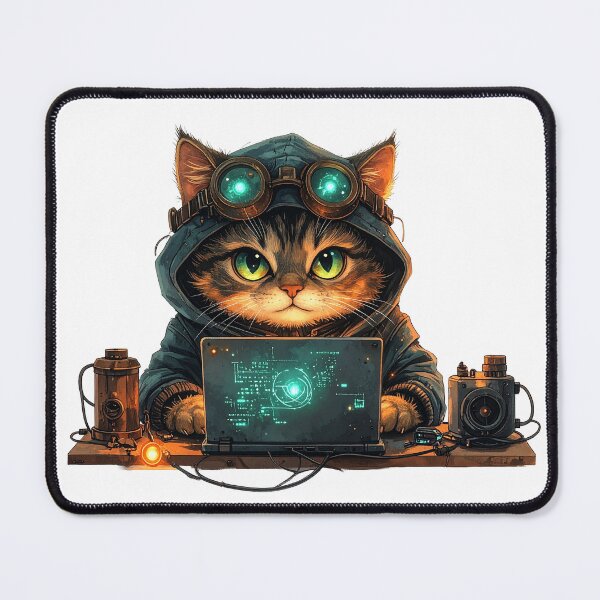 Item preview, Steampunk Cat Engineer Working On Laptop designed and sold by BetweenForms.
