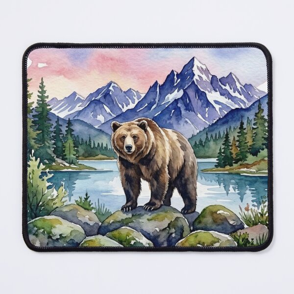 Item preview, Watercolor Grizzly Bear Mountain Lake Landscape Nature Wildlife Sticker designed and sold by Jaroslaw-S.
