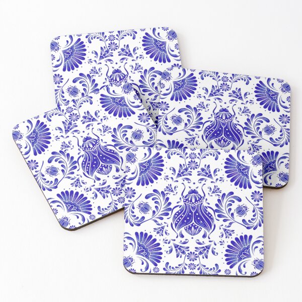 Item preview, Vintage Blue Beetle & Floral Ceramic Tile Pattern designed and sold by DreamyLayer.