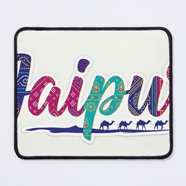 Item preview, The word "Jaipur" in a stylish, flowing script, surrounded by traditional Rajasthani motifs and a small camel silhouette. designed and sold by Yogeshrock.
