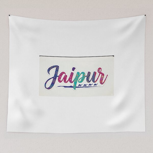 Item preview, The word "Jaipur" in a stylish, flowing script, surrounded by traditional Rajasthani motifs and a small camel silhouette. designed and sold by Yogeshrock.