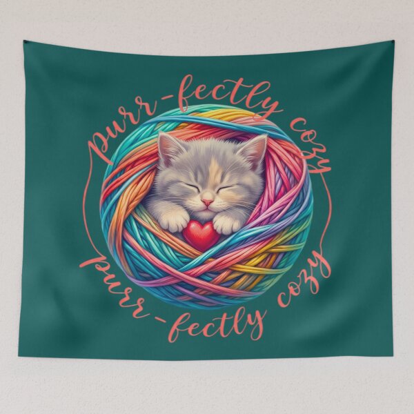 Item preview, Purr-fectly Cozy - Sweet Grey Kitten in Rainbow Yarn Ball designed and sold by Good Vibes .