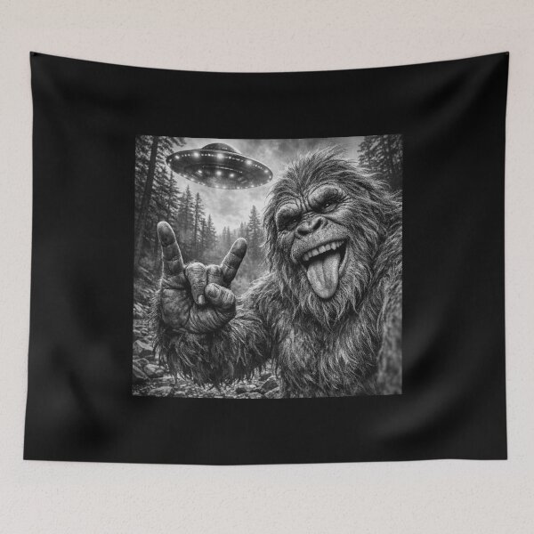 Item preview, Funny Bigfoot Selfie with UFO, Sasquatch Alien Encounter Meme designed and sold by NovaNookStudio.