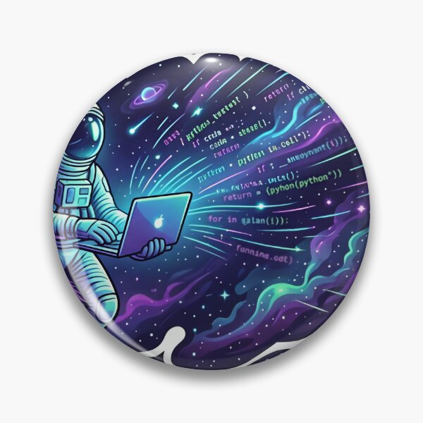 Artikelvorschau, Ein Astronaut schwebt im Weltraum und hält einen Laptop in der Hand. Ein stilisierter Python-Codeausschnitt strahlt wie eine Galaxie vom Bildschirm aus. entworfen und verkauft von Yogeshrock.