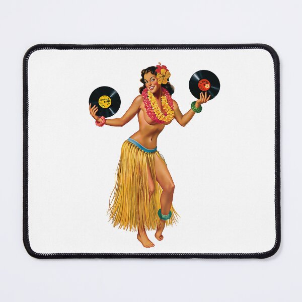 Item preview, Vintage Hawaiian pin-up style sticker featuring a playful hula dancer holding vinyl records. For the music guy in your life. designed and sold by PIXEL POP DESIGNS - Beyond the Norm!.