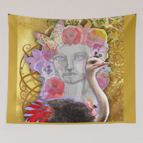 Item preview, Flora Fairy with Ostrich Bird, Red Anemone, Pansies, Lilies and Butterflies (Drawing by ACCI) designed and sold by VanyssaGraphics.