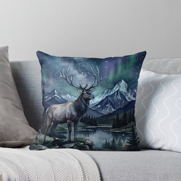 Item preview, Watercolor Elk Northern Lights Starry Night Mountain Nature Sticker designed and sold by Jaroslaw-S.
