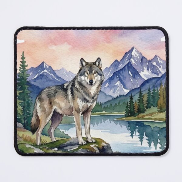 Item preview, Watercolor Wolf Pastel Mountain Lake Landscape Nature Wildlife Sticker designed and sold by Jaroslaw-S.