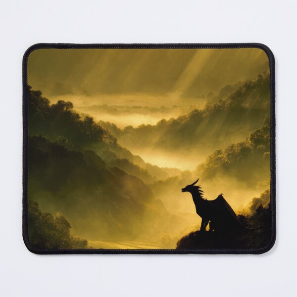 Item preview, Dragon Over Misty Valley, Cinematic Fantasy Landscape, Dark Academia Mythical Creature designed and sold by CosmicAnomaly.