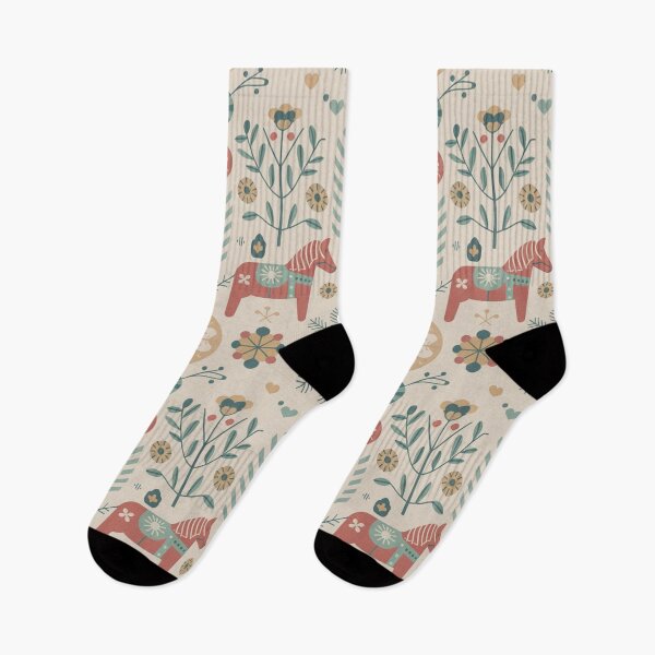 Item preview, Scandinavian Folk Art Seamless Pattern – Dala Horses, Florals & Snowflakes designed and sold by Midnight Veil Designs.