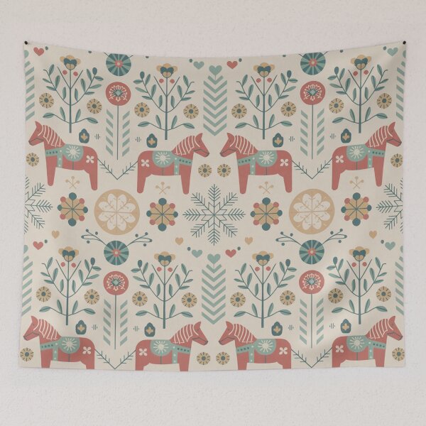 Item preview, Scandinavian Folk Art Seamless Pattern – Dala Horses, Florals & Snowflakes designed and sold by Midnight Veil Designs.