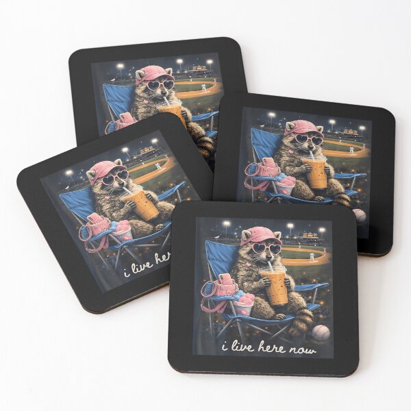 Item preview, I Live Here Now Racoon Drinking Iced Coffee Baseball Mama designed and sold by AmazingLoveArt.