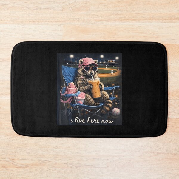 Item preview, I Live Here Now Racoon Drinking Iced Coffee Baseball Mama designed and sold by AmazingLoveArt.