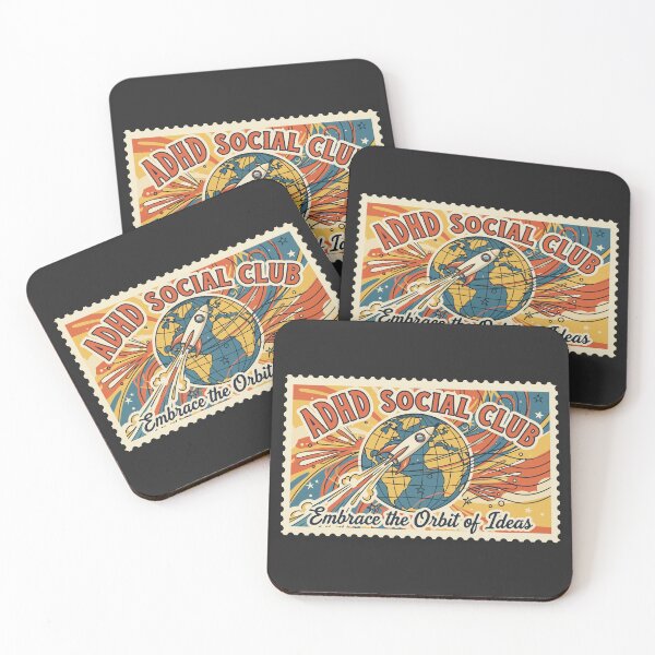 Item preview, "ADHD Social Club" Retro Space Rocket Neurodivergent Vintage Stamp designed and sold by Cipher & Soul.