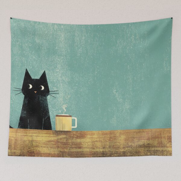 Item preview, Black cat with a cup on a table designed and sold by anytka.
