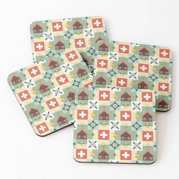 Item preview, Swiss Folk Art Seamless Pattern – Chalets, Edelweiss & Swiss Flags designed and sold by Midnight Veil Designs.