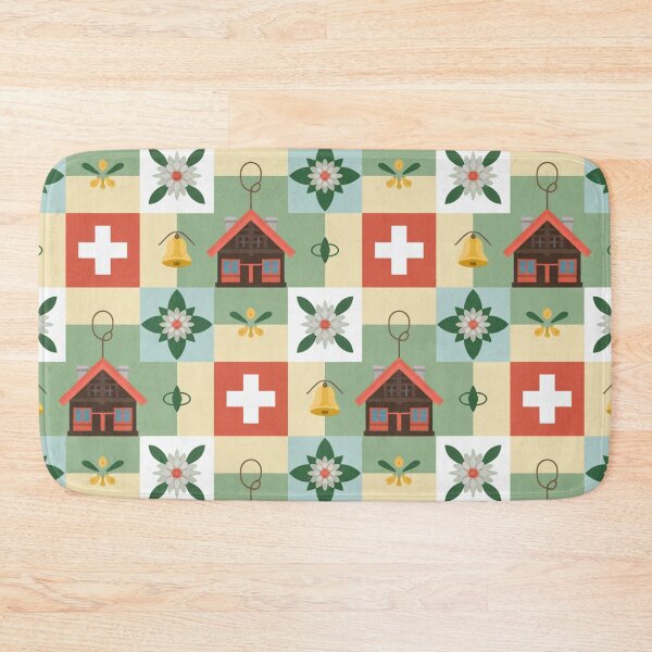 Item preview, Swiss Folk Art Seamless Pattern – Chalets, Edelweiss & Swiss Flags designed and sold by Midnight Veil Designs.