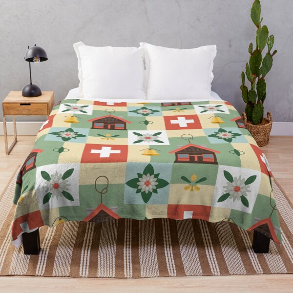 Item preview, Swiss Folk Art Seamless Pattern – Chalets, Edelweiss & Swiss Flags designed and sold by Midnight Veil Designs.