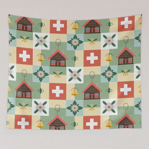 Item preview, Swiss Folk Art Seamless Pattern – Chalets, Edelweiss & Swiss Flags designed and sold by Midnight Veil Designs.