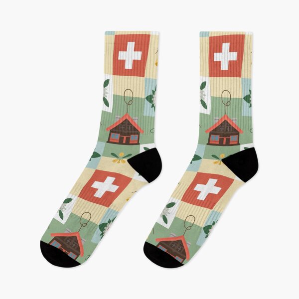 Item preview, Swiss Folk Art Seamless Pattern – Chalets, Edelweiss & Swiss Flags designed and sold by Midnight Veil Designs.