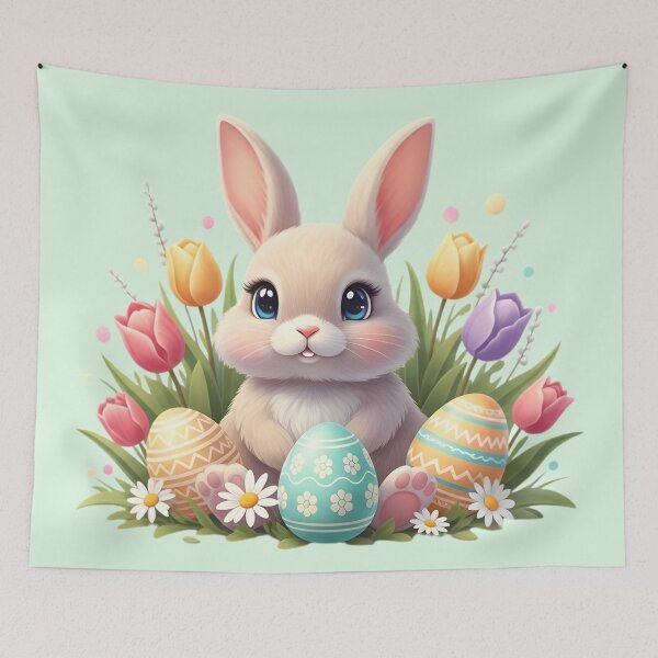 Item preview, Cute Easter Bunny With Eggs and Flowers – Kawaii Spring Design designed and sold by SoftStyleStudio ⭐⭐⭐.