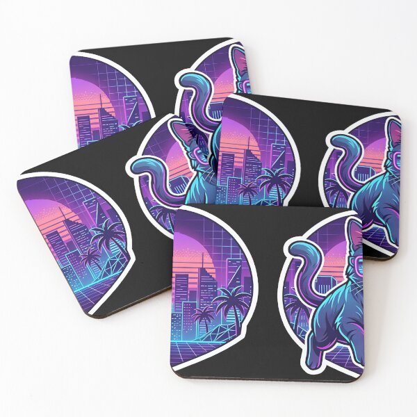 Item preview, A stylish cyberpunk cat with neon glasses, floating over a synthwave city. White border for sticker. designed and sold by Yogeshrock.