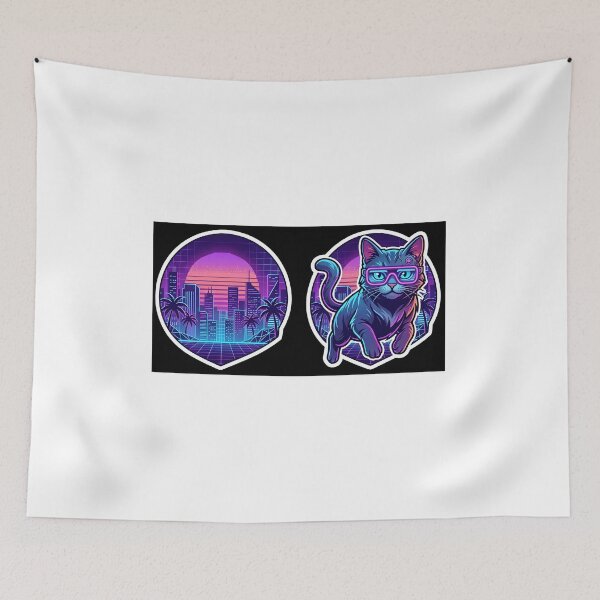 Item preview, A stylish cyberpunk cat with neon glasses, floating over a synthwave city. White border for sticker. designed and sold by Yogeshrock.