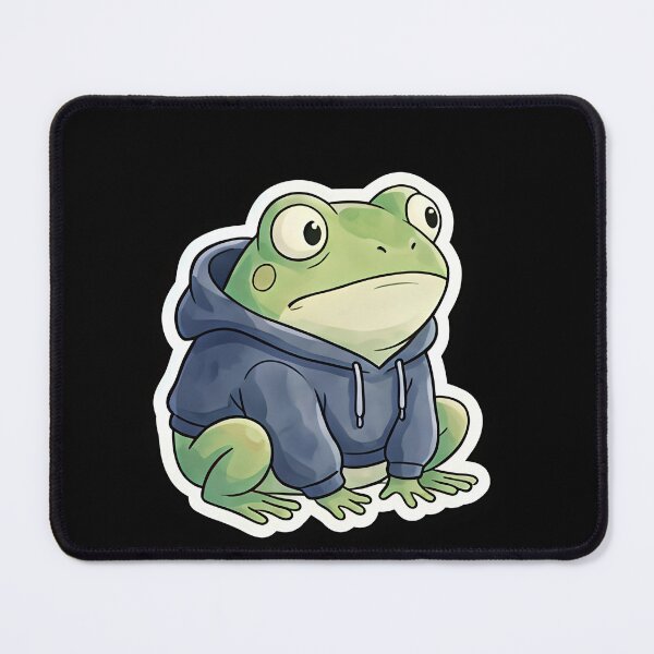 Item preview, A cute, round frog looking confused, wearing a tiny hoodie. White border for sticker. designed and sold by Yogeshrock.