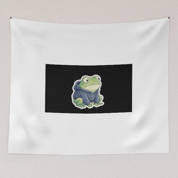 Item preview, A cute, round frog looking confused, wearing a tiny hoodie. White border for sticker. designed and sold by Yogeshrock.